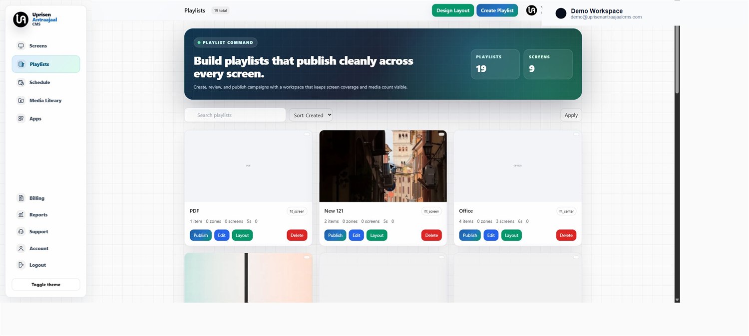 Playlist dashboard for publishing media to screens