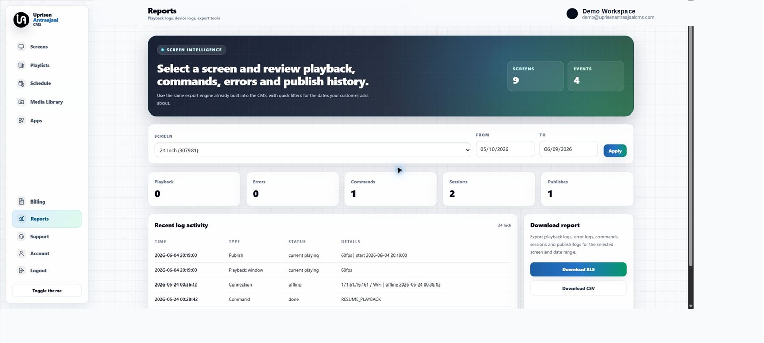 Uprisen Antraajaal CMS reports dashboard for playback logs and screen intelligence