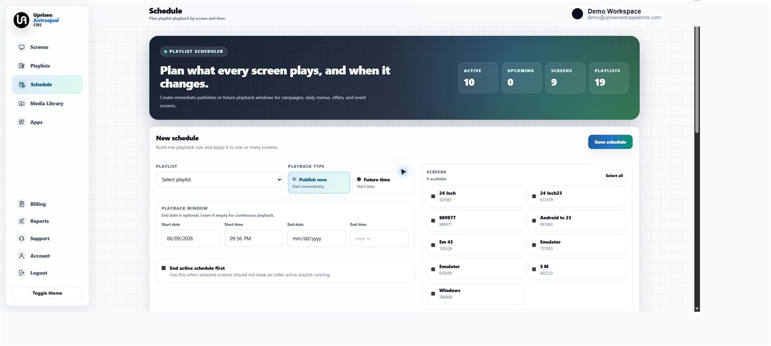 Uprisen Antraajaal CMS schedule dashboard for planning playback by time