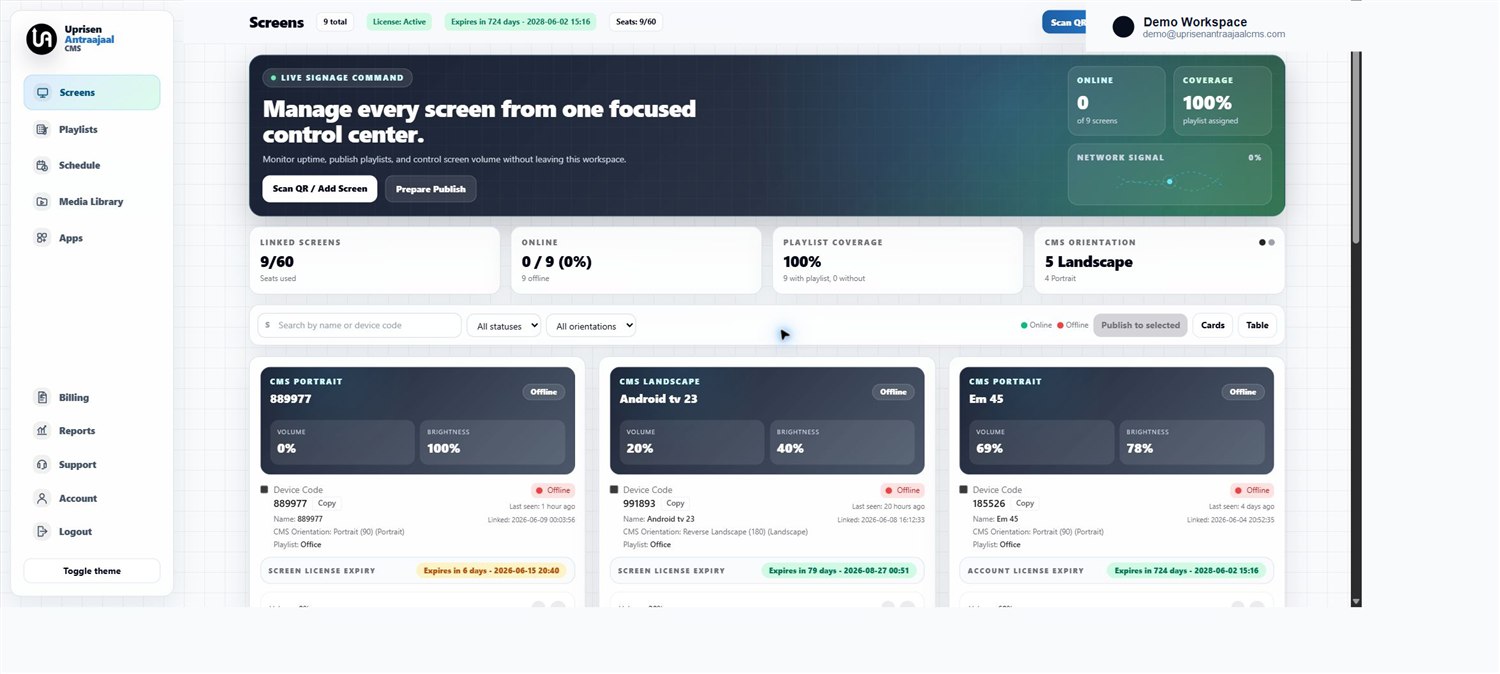 Screens dashboard for managing Android TV and signage displays